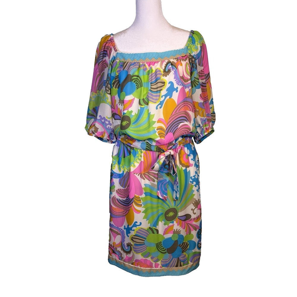 Trina Turk NWT 100% Silk‎ Coachella Print Dress Size 6 Pink Blue Green Floral
